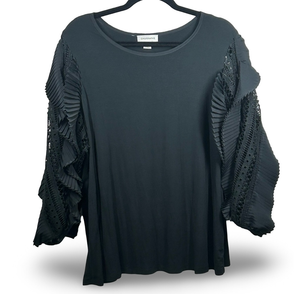 Calligraphe Ruffled Balloon‎ Sleeve Blouse Size 1X Statement Pleats Eyelet Lace